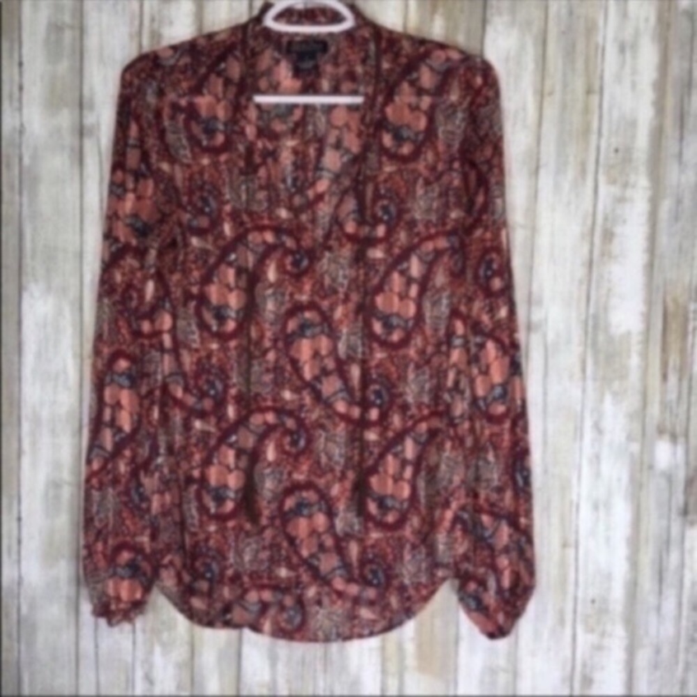 Lucky Brand Boho Paisley Peasant Blouse Red Blue Long Sleeve Size S